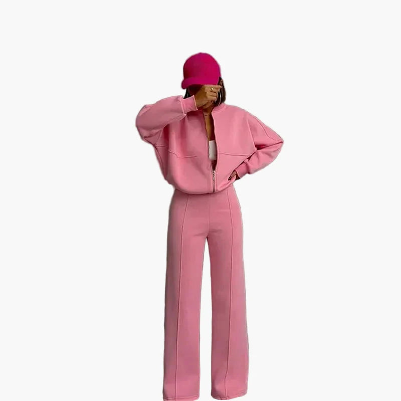 Damers Loungewear Set med Vid Passform – Avslappnad Träningsdräkt med Dragkedja och Vida Byxor