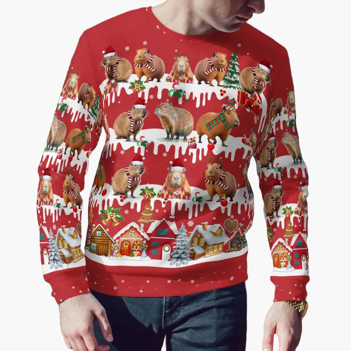 Herr Jultröja med Capybara och Jultema – Rolig Ugly Christmas Sweater för Högtider och Fester