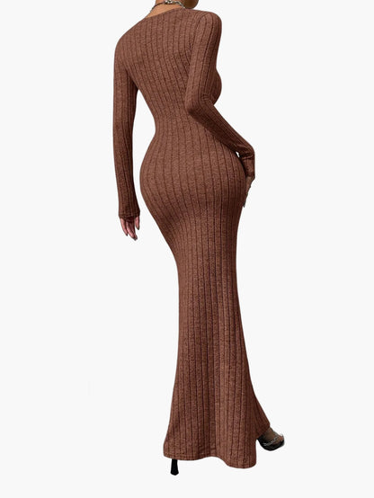 Damers stickad långärmad bodycon maxiklänning – elegant vardagsklänning