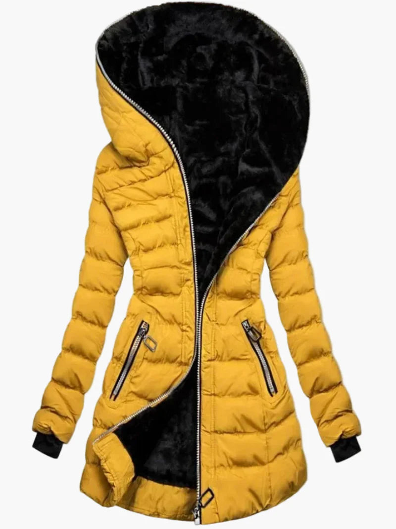 Dam Vinterjacka med Fuskpälsfoder och Stor Huva – Elegant Lång Parkas för Kallt Väder