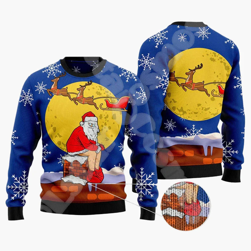 Herr Jultröja Rolig Ugly Christmas Sweater med Sittande Tomte på Skorsten – Perfekt för Julfester