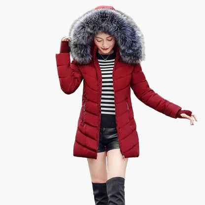 Dam Vinterjacka med Stora Pälskrage och Figursydd Design – Elegant Varm Parkas för Kalla Dagar