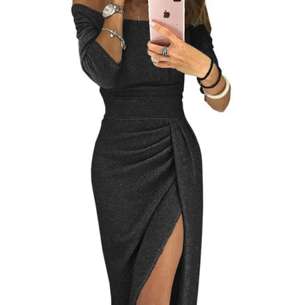 Damklänning Off Shoulder Elegant Festklänning med Hög Slits – Perfekt för Kväll & Party