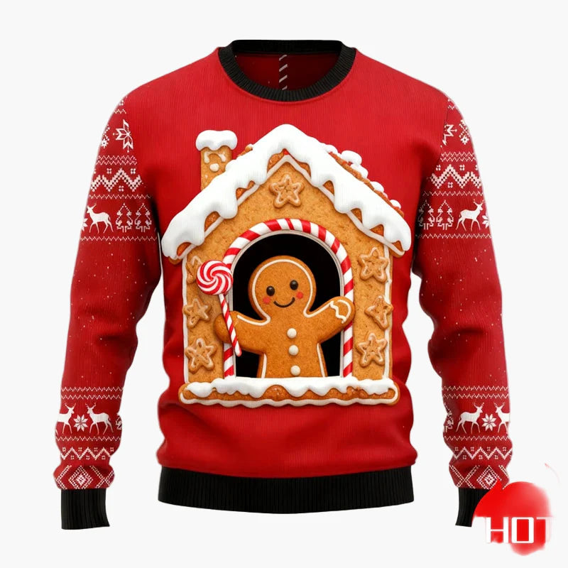 Herr Jultröja Ugly Christmas Sweater med Pepparkaksgubbar, Julgran och Renmotiv – Perfekt för Fest och Julfester