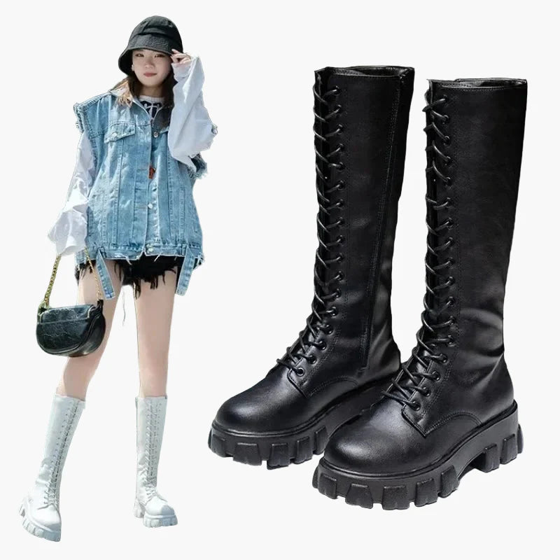 Dam Stövlar Chunky Plattforms Kängor med Snörning – Trendiga Höga Boots för Mode och Vardag