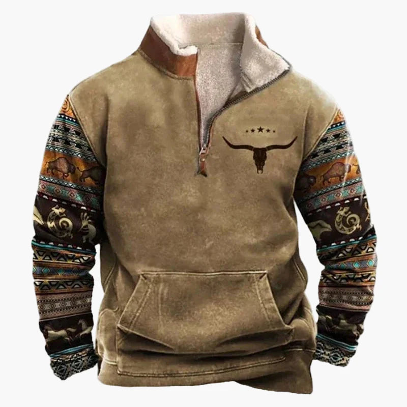 Herrar Western Fleece Pullover – Etno Mönstrad Tröja med Kvartdragkedja och Buffelmotiv