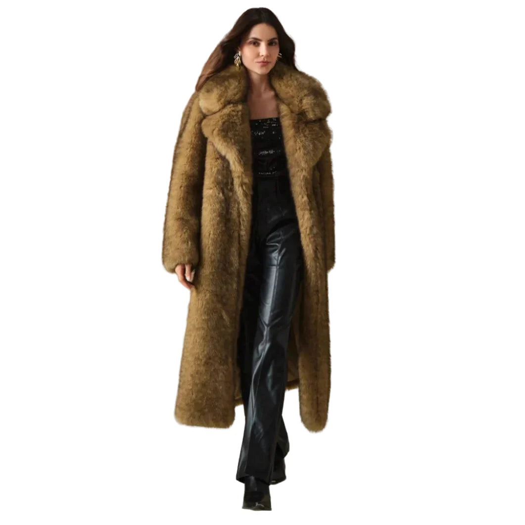 Dam lång lyxig vinterkappa – elegant oversized pälslook för kallare dagar