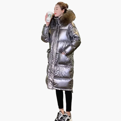 Dam Vinterjacka Lång Puffer Med Stor Pälsluva – Elegant Värmande Kappa För Kalla Dagar