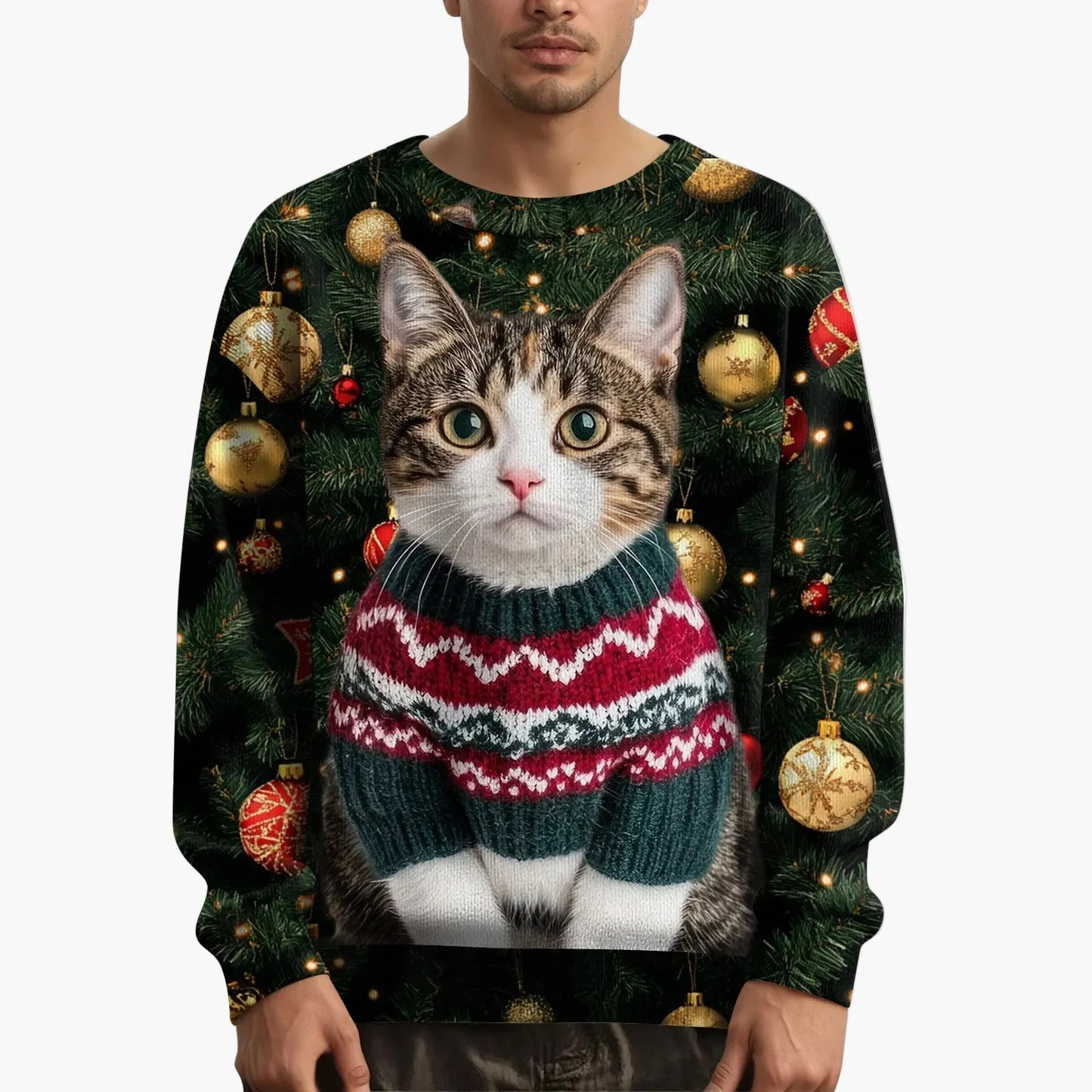 Herr jultröja med kattmotiv och festligt mönster – Perfekt för julfester och mysiga vinterdagar