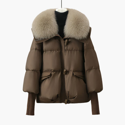 Dam Pufferjacka med Lyxig Pälskrage och Lång Ärmdesign – Perfekt för Vinter och Mode