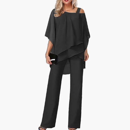 Damernas eleganta tvådelad byxdress med asymmetrisk topp – perfekt för fest, affärsmöten och speciella tillfällen
