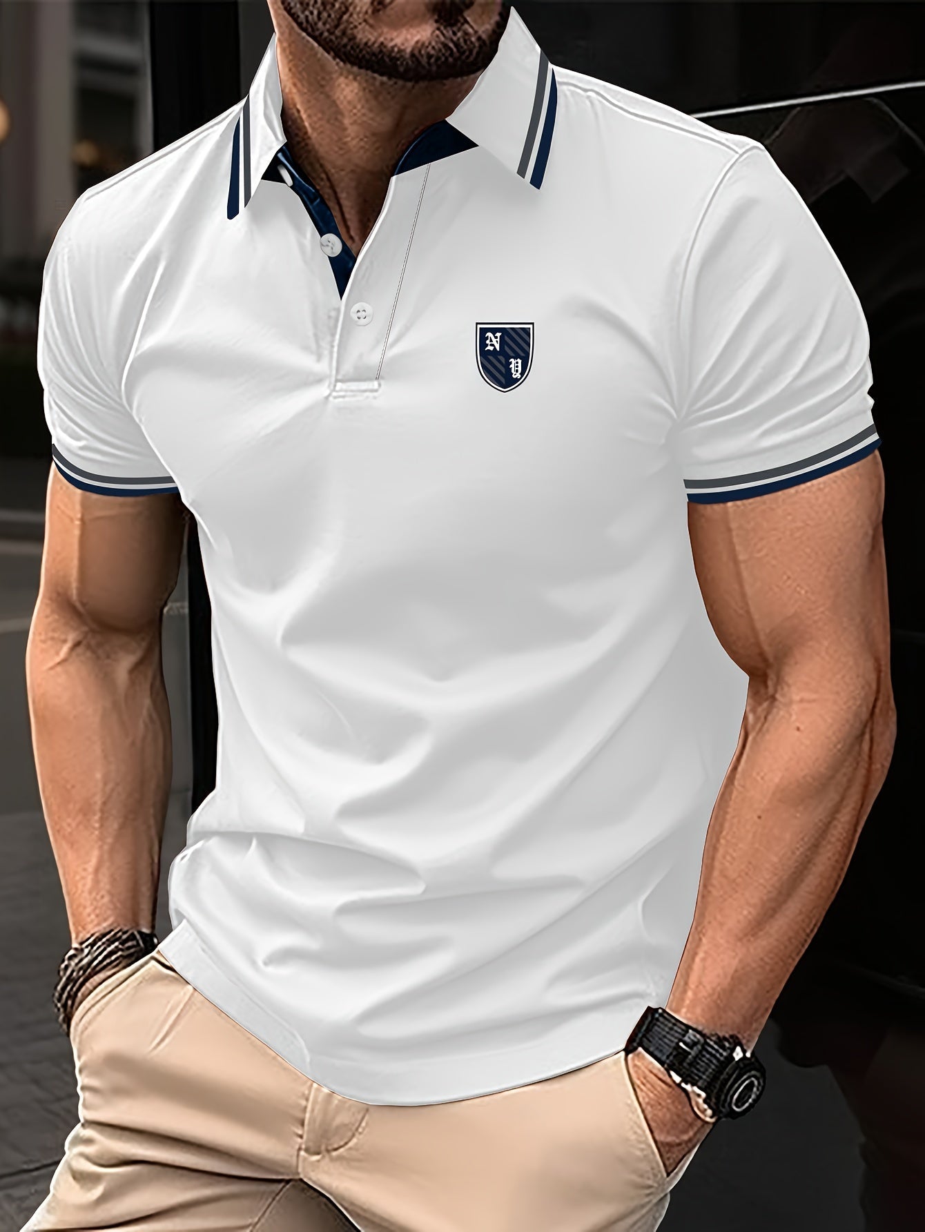 Herr Pikétröja Casual Polo Kort Ärmskjorta med Emblem – Modern Stil för Vardagsbruk