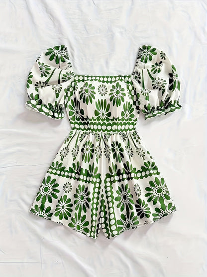 Dam Playsuit med Puffärmar och Vintage Blommönster – Perfekt för Sommar och Trädgårdsfest