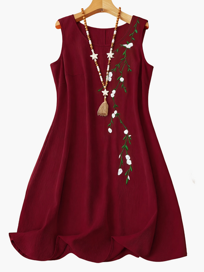 Damklänning med broderi, ärmlös, elegant vår- och sommarklänning, A-linjeformad