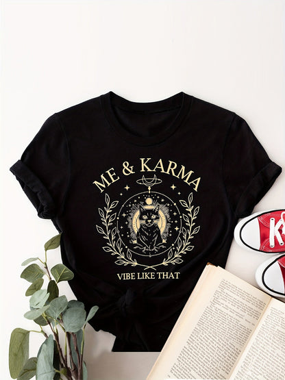 Dam T-shirt med katt och karma-tryck, vintage stil, avslappnad vardag