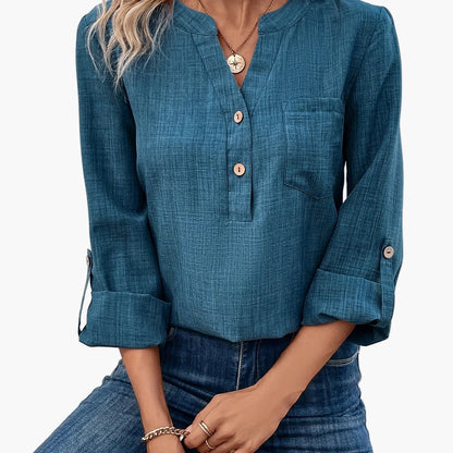 Dam Blus Vardagsstil med Enkel Fickdetalj och Knappar – Perfekt för Kontor och Fritid