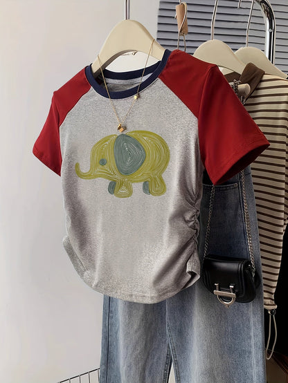 Dam T-shirt med Y2K-stil och elefantmönster – Kort ärm, Trendig vardagströja