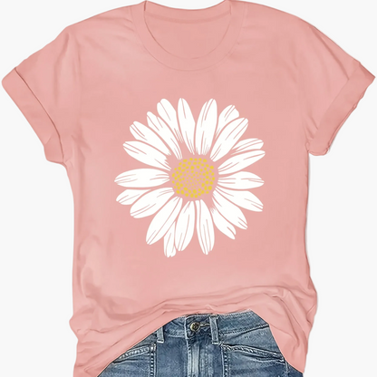 Dam T-shirt med Stor Prästkrageblomma – Avslappnad och Trendig Sommarstil