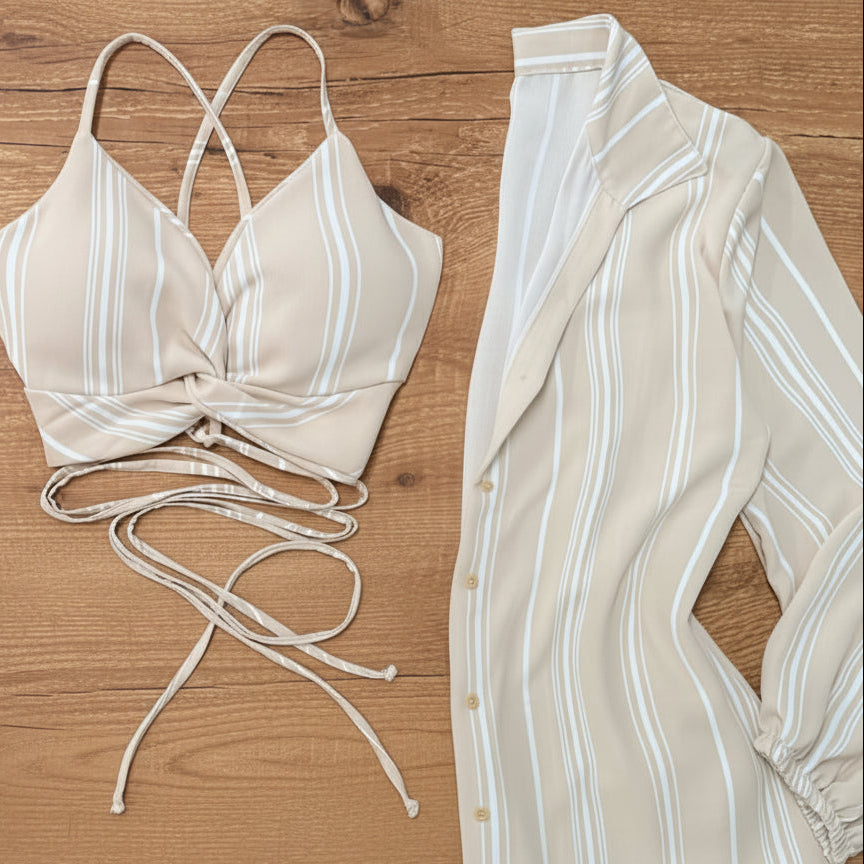 Dam Set – Modernt Sommarset med Randig Crop Top, Skjorta och Jeanskjol – Perfekt för Semester och Vardagsbruk