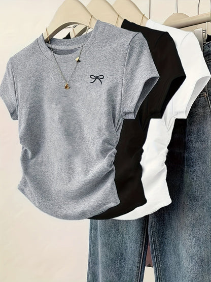 Dam T-shirt med rosettbroderi, vardagsstil, smickrande passform