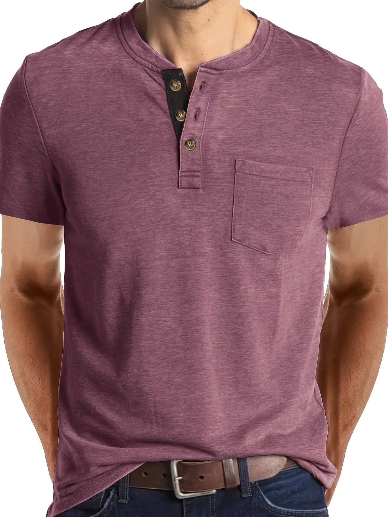 Herr T-shirt med knappslå och bröstficka – Casual stil för vardag och fritid