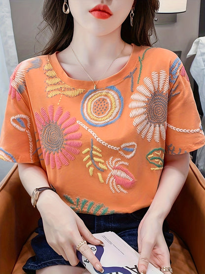 Dam Topp Broderad Boho Stil Ledig Sommarblus Kort Ärmar