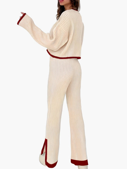 Dam Set Elegant Stickad Loungewear Set med Vida Byxor och Tröja – Perfekt för Höst och Vinter