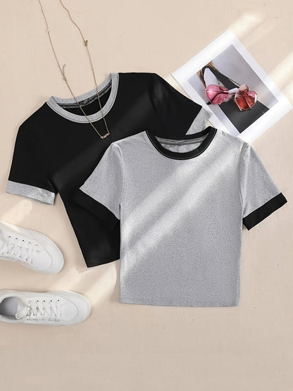 Dam T-shirt Set med Kontrastkant och Kort Ärms, Trendig och Avslappnad Stil för Vardagsbruk