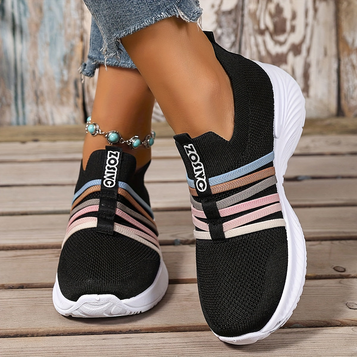 Dam Sneakers Slip-on Sportiga Vardagsskor Låg Modell – Trendig Randig Design
