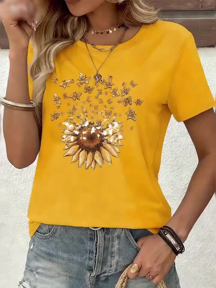 Dam T-shirt med solros och fjärilar, avslappnad stil, vår/sommar