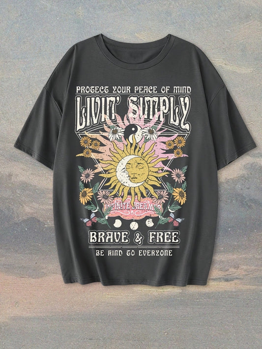 Dam T-shirt med Boho-tryck och inspirerande text, avslappnad stil