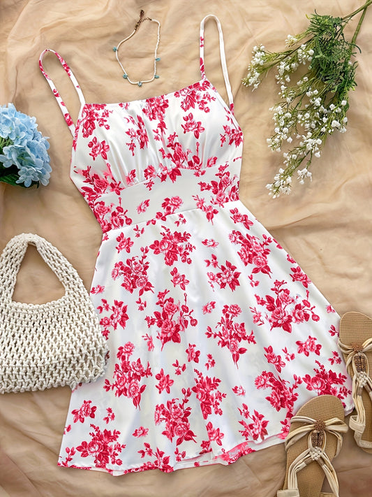 Damklänning med Blommigt Mönster och Spaghettiband – Perfekt för Sommar och Semester
