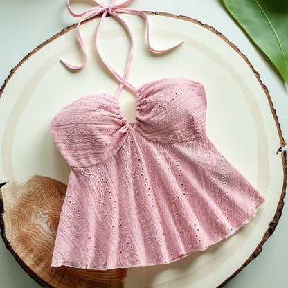 Dam Halterneck Sommartopp med Broderade Detaljer – Romantisk Babydoll Stil