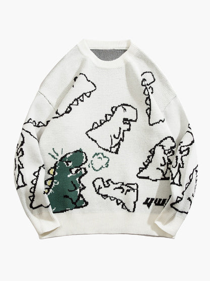 Herrtröja med tecknad dinosauriedesign, avslappnad streetwear för höst och vinter