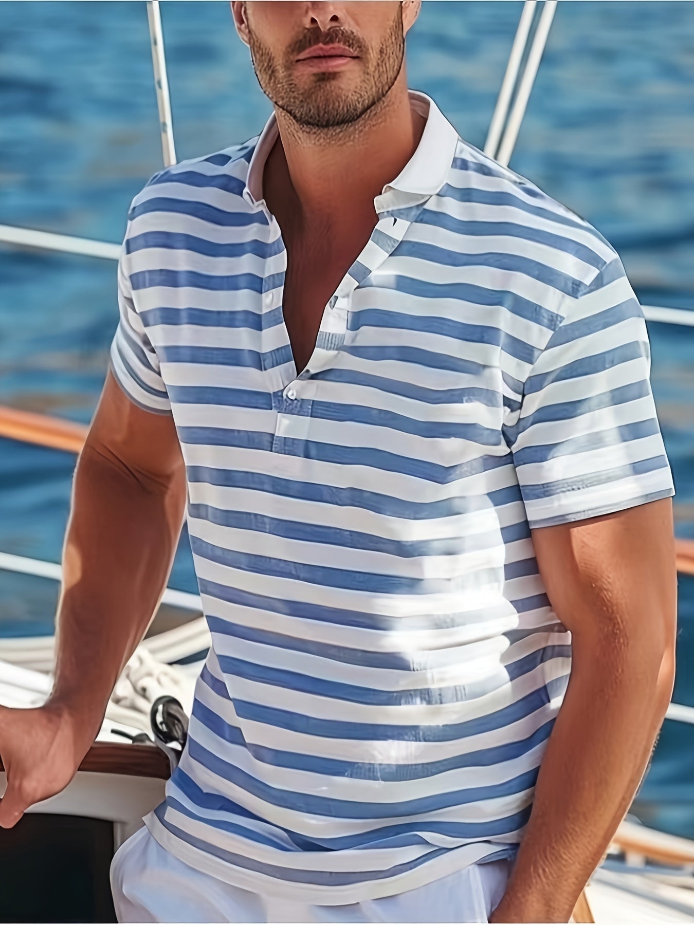 Herr Pikétröja med Maritim Randig Design – Perfekt för Sommar och Avslappnade Tillfällen
