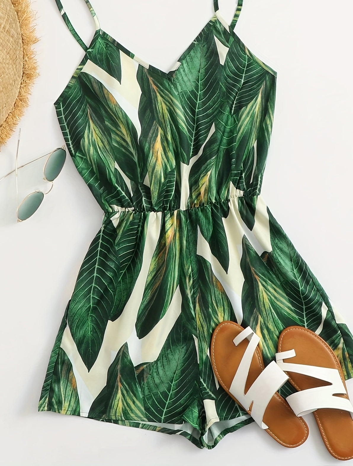 Dam Playsuit Tropisk Bladmönster – Somrig Kort Jumpsuit för Semester och Strand