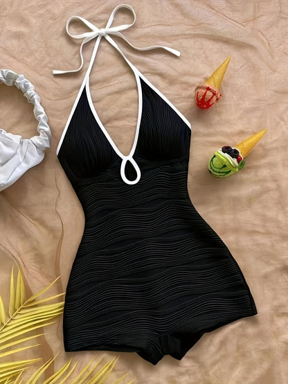 Dam Baddräkt med Halterneck och Vågmönster – Elegant Vintage Stil för Strand och Pool