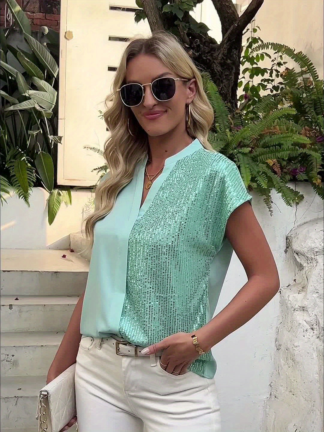 Dam Elegant Blus med Paljettdetaljer och V-ringning – Perfekt för Kontor och Fest