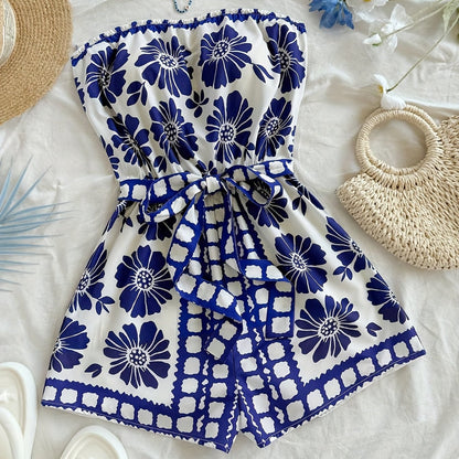 Dam Playsuit Bandeau Romper med Blommigt Mönster och Knytband – Perfekt för Sommar och Semester