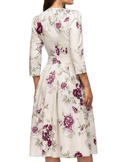 Damklänning med blommigt tryck, A-linje, midilängd, perfekt för vardag och fest