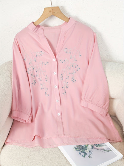 Dam Elegant Blus med Broderade Blommor och Ståkrage – Perfekt för Sommar och Arbete