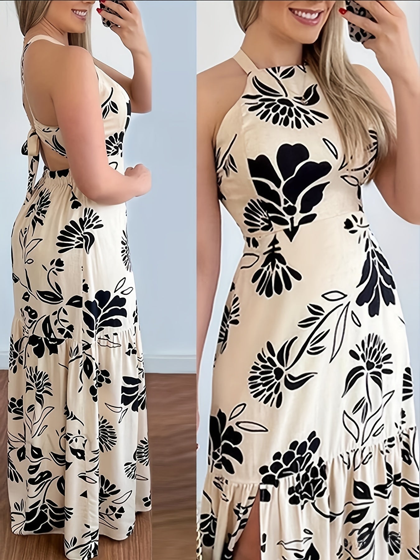 Dam Klänning Elegant Maxiklänning med Blommigt Mönster och Slits – Perfekt för Sommar och Semester