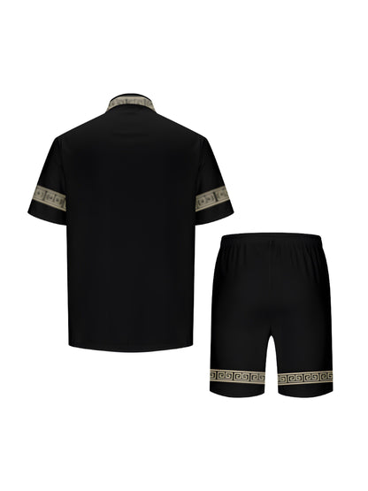 Herr Casual Set med Geometriskt Mönster – Sommarkläder, Kortärmad Skjorta och Shorts, Avslappnad Stil