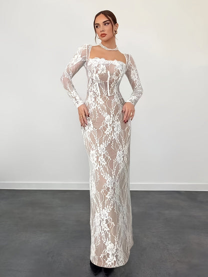Dam Klänning Elegant Bodycon Långarmad Festklänning med Spetsdetaljer