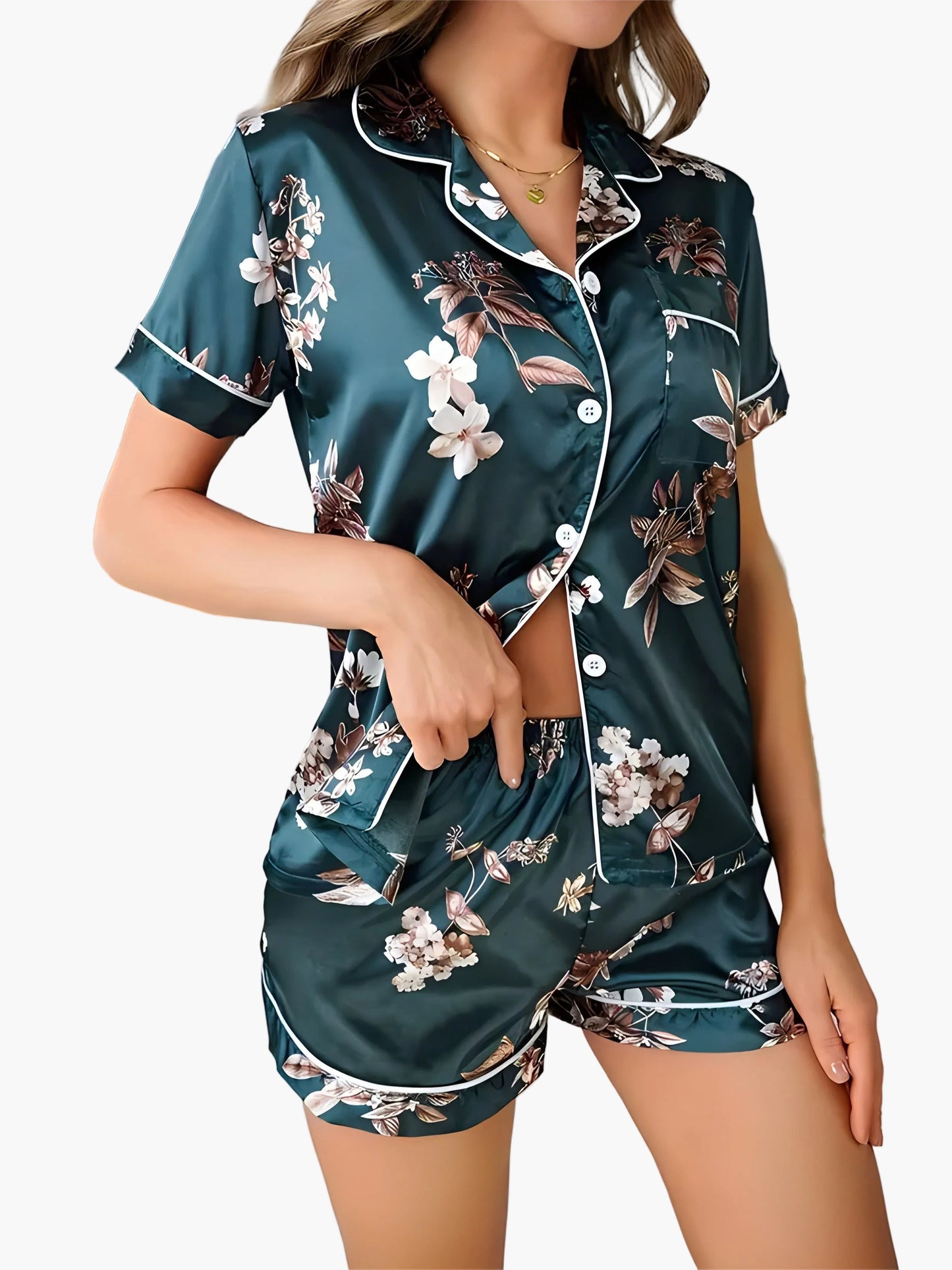 Dam Pyjamaset med Kortärmad Skjorta och Shorts, Blommig, Elegant Lounge- och Sovplagg