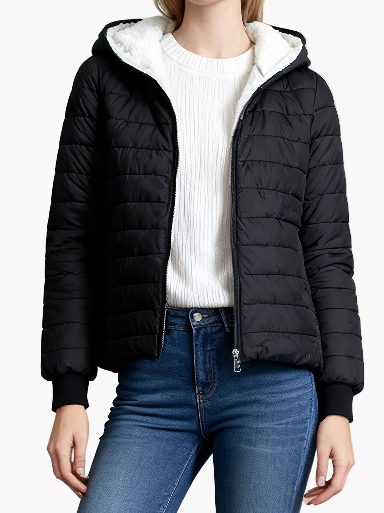Damjacka Vadderad Kort Elegant Vinterjacka med Huva