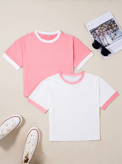Dam T-shirt Set med Kontrastkant och Kort Ärms, Trendig och Avslappnad Stil för Vardagsbruk