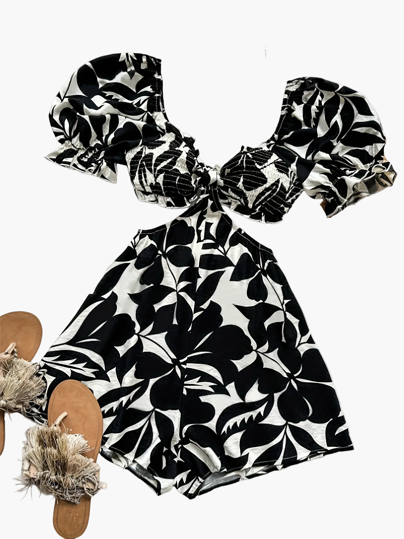 Dam Playsuit med Tropiskt Bladmönster och Puffärmar – Perfekt för Sommar och Semester