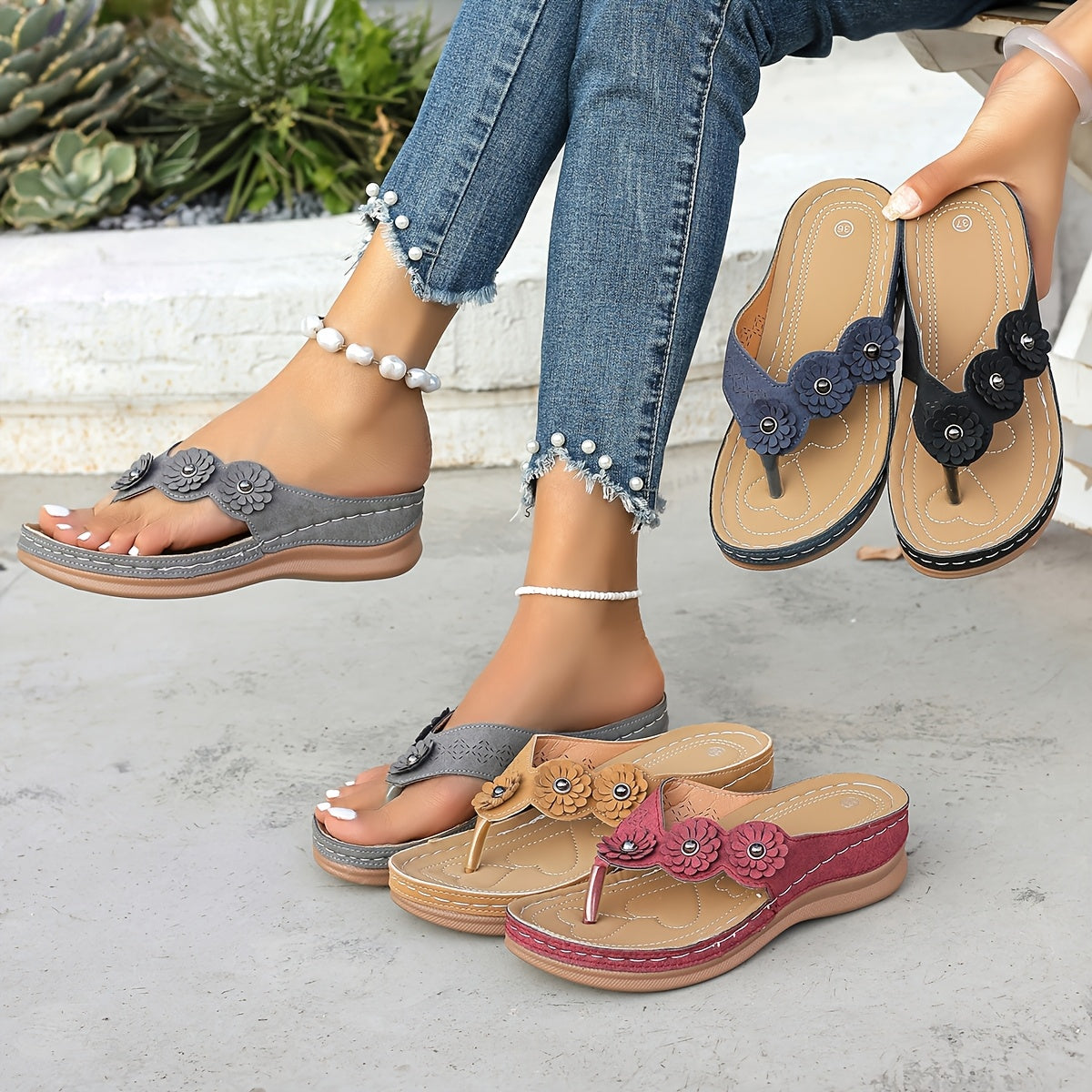 Dam Sandaler med Blommor - Casual Flip Flops för Sommar och Fritid