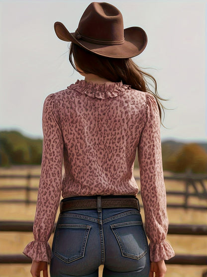 Damblus Elegant Leopardmönstrad med Volanger och V-ringning – Perfekt för Fest och Vardag